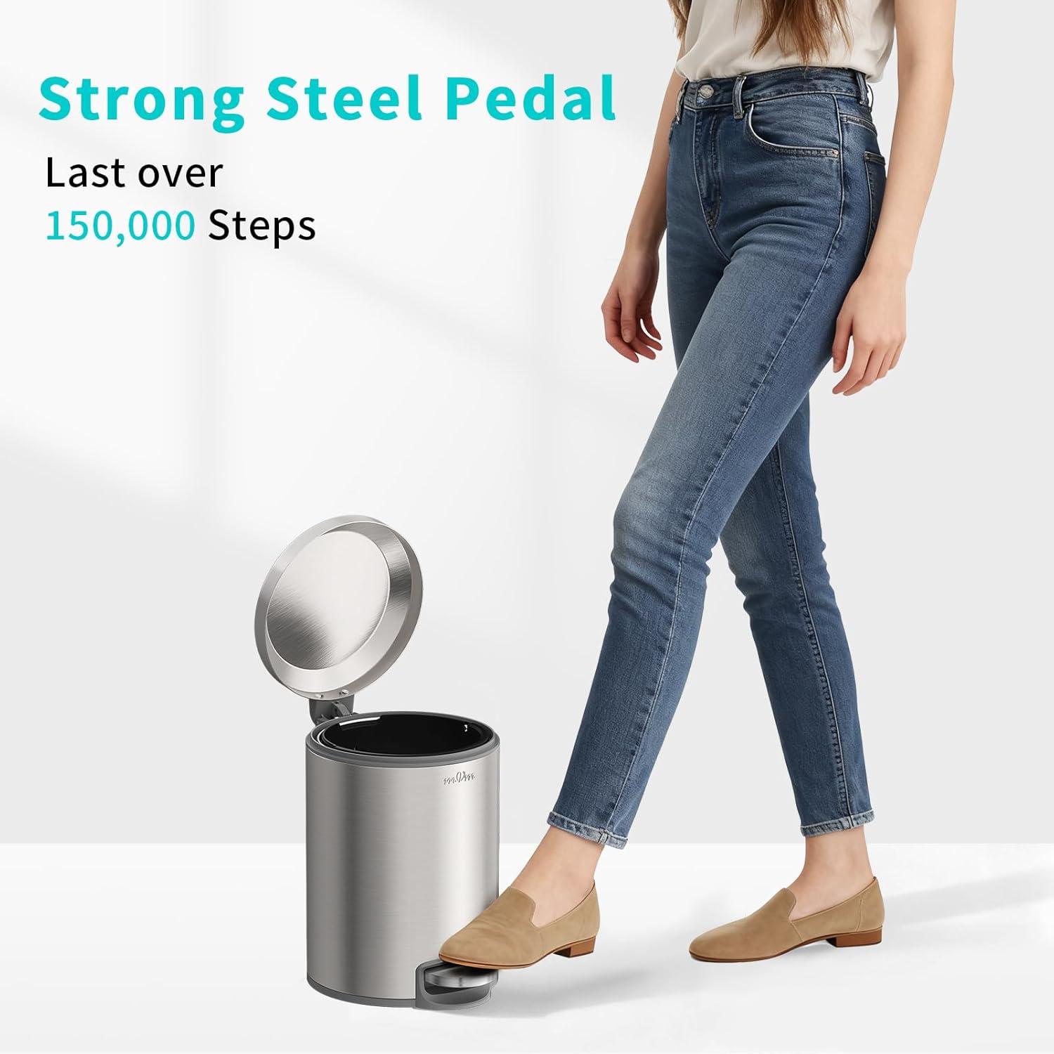 mVm Bathroom Trash Can,1.3 Gallon/5 Lliter Step Small Trash Can with Lid and Foot Pedal,Soft-Close,Anti-Fingerprint.Round Brushed Stainless Steel Garbage Can for Bathroom,Office,Living Room (Silver)
