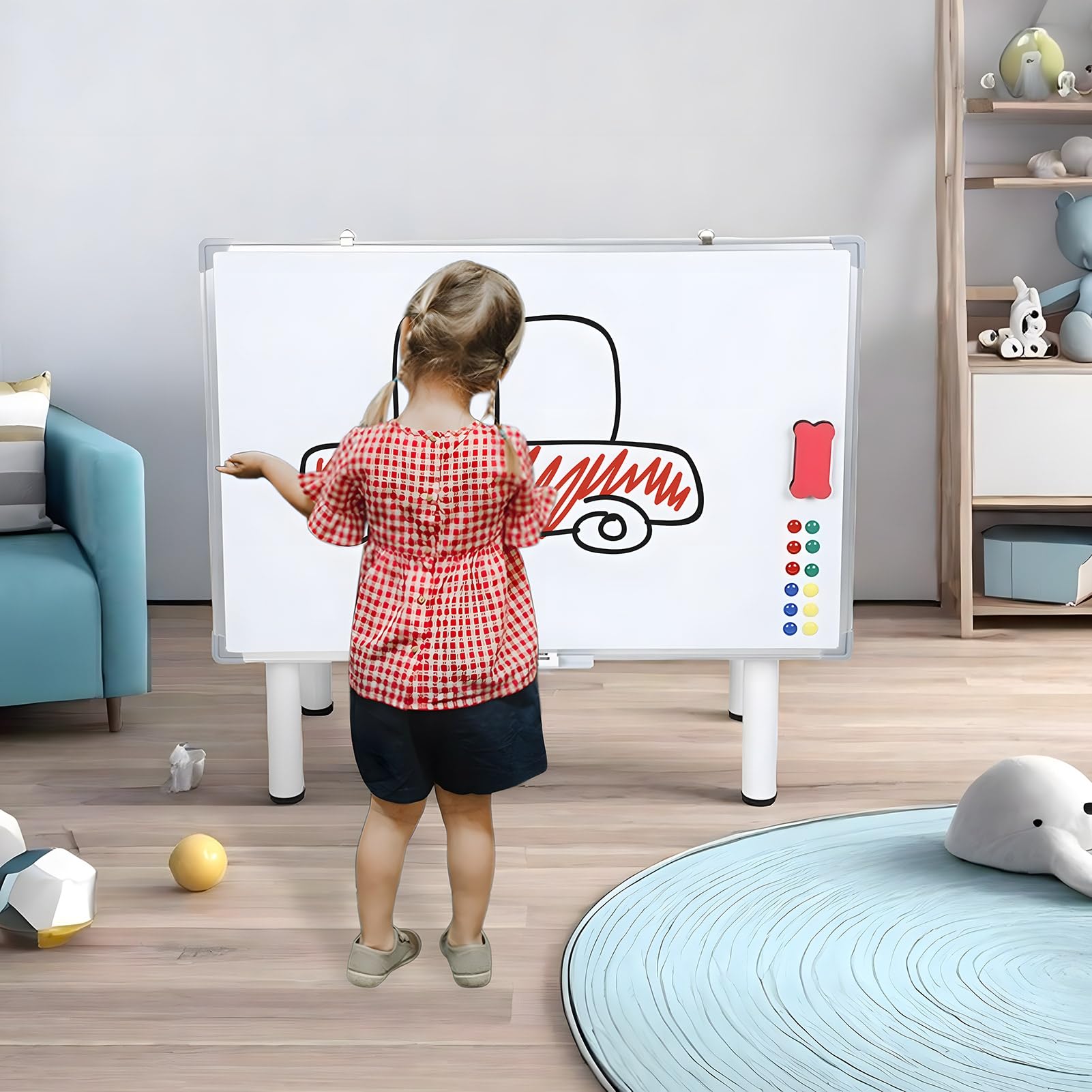 Tableau blanc roulant réglable en hauteur avec support, panneau d'effacement à sec magnétique portable sur les roues, double face, comprend 5 marqueurs, 12 aimants et effacer, pour le bur