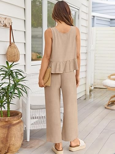 Miniatura 4 de AUTOMET Conjunto de 2 piezas de verano para mujer, camisetas cortas de lino, conjuntos a juego y pantalones largos de chándal 2025