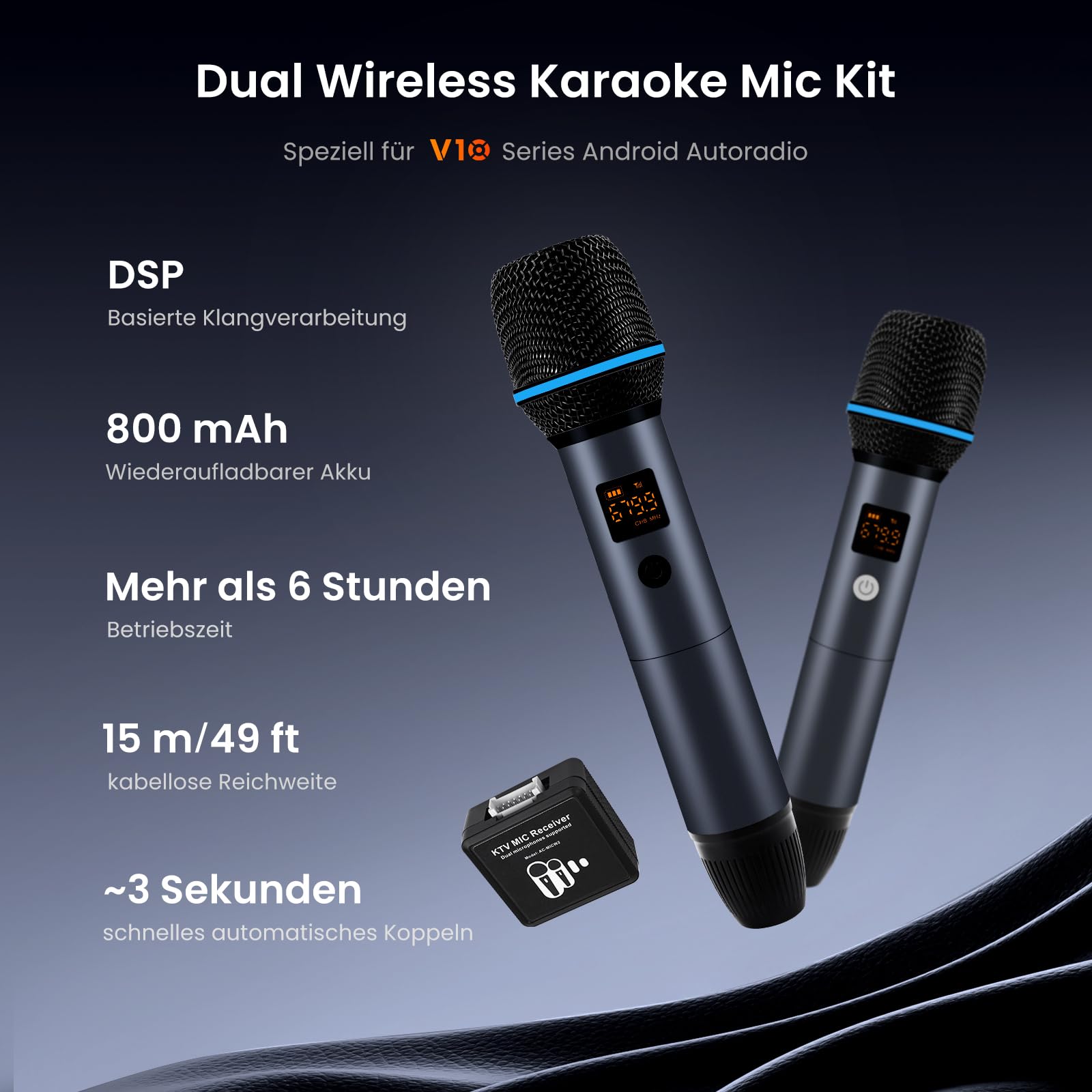 Drahtloses Mikrofon-Set, Zwei wiederaufladbare Handmikrofone mit Empfänger, 15m Reichweite, 6h Betrieb, Kompatibel mit V10-Serie Autoradios für Karaoke-Partys