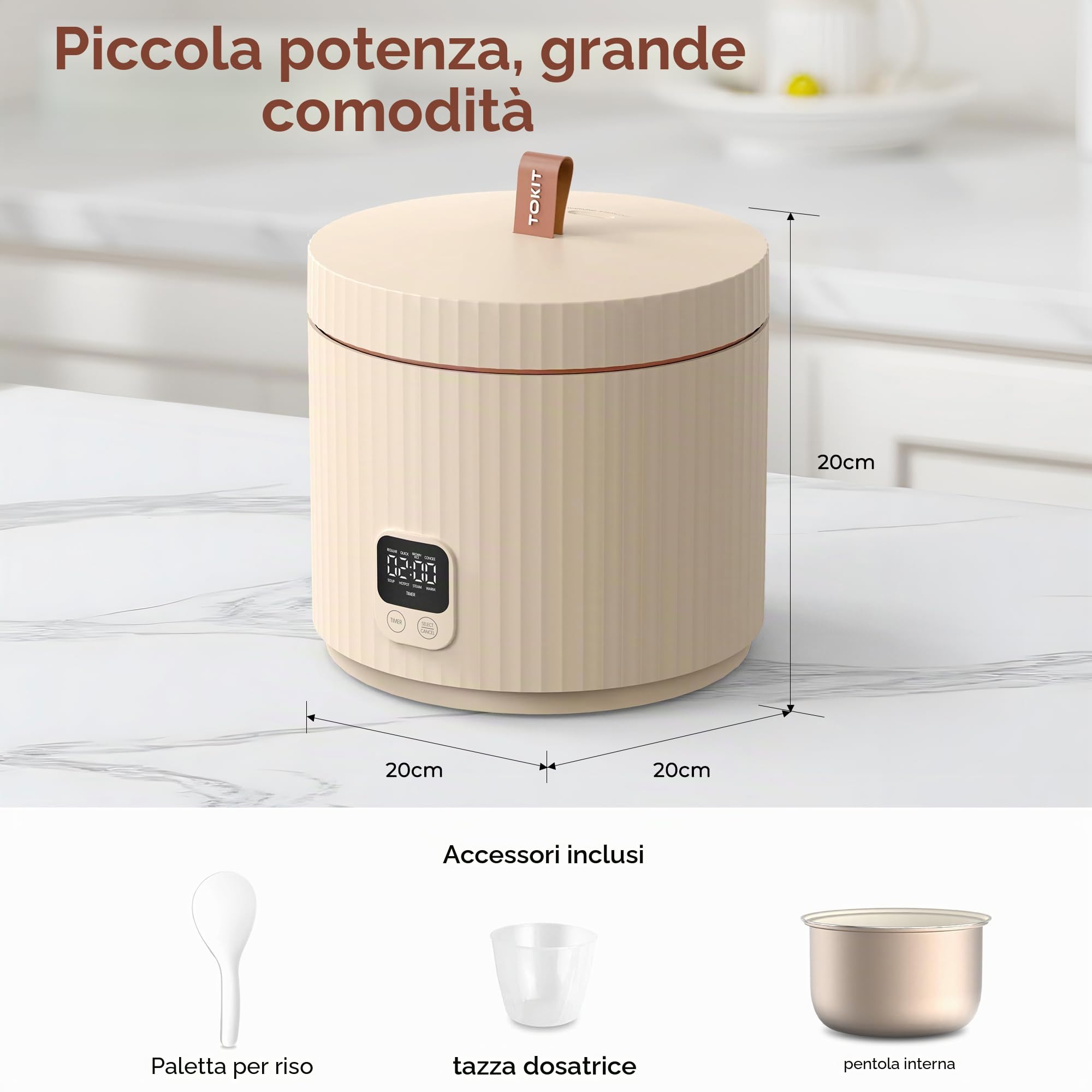 TOKIT Cuociriso PRO 1,5L Rice Cooker Mini, Risottiera Elettrica con Pulsante Touch Display per 1-3 Person Interno Antiaderente Rivestito in Ceramica Regalo Donna Uomo Coppia Alunni (Beige)