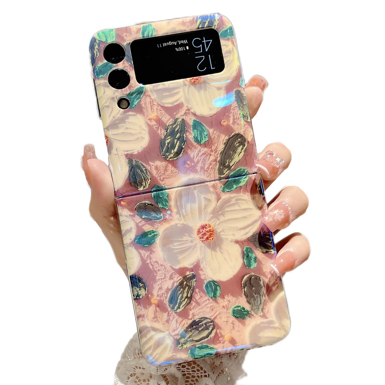Omio Compatible with Samsung Galaxy Z Flip 4 Case Cute, Luxury Ultra Thin Blu-ray Case IMD Flower Hard PC Back Soft TPU Bumper Shockproof Floral Case