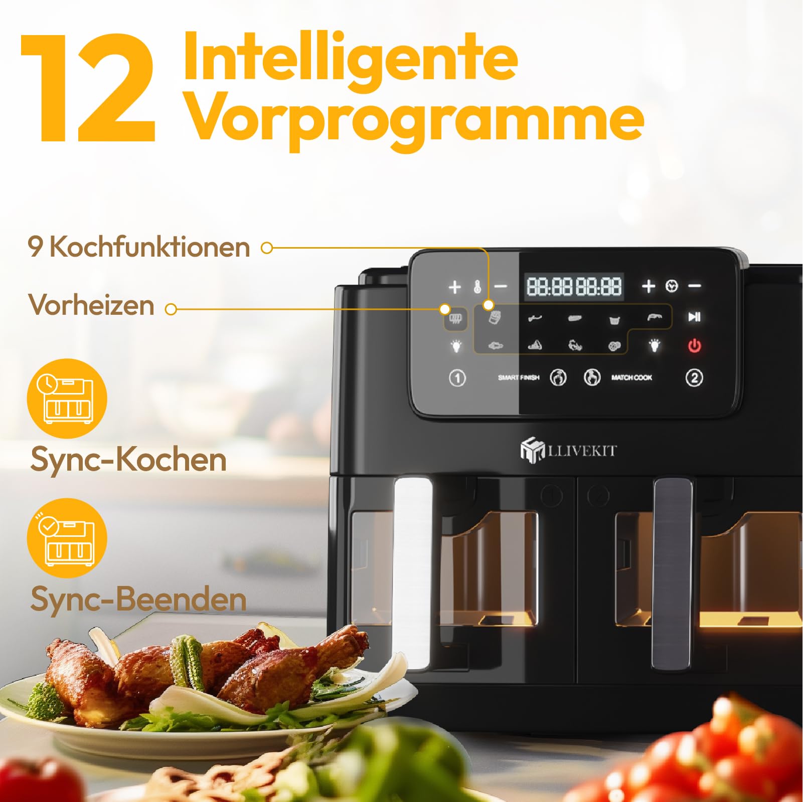 LLIVEKIT 9L Heißluftfritteuse 2 Kammern mit Sichtfenster, 4.5L+4.5L Airfryer 9-in-1, Backofen XXL ohne Öl, Heißluft-Backofen mit Touchscreen, Timer-Funktion