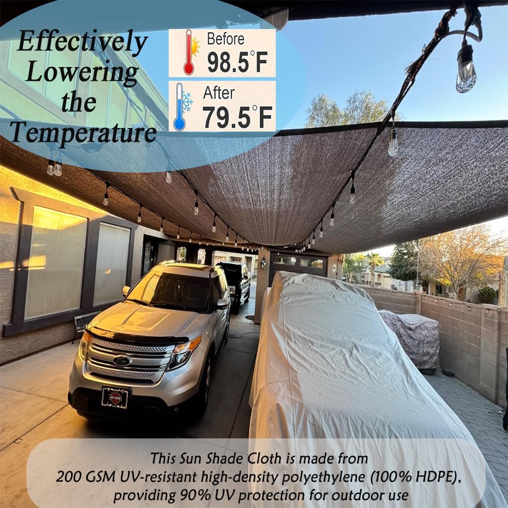 Junflying Sun Shade Cloth 12x24 FT, 90% UV Block Patio Shade Cover with Grommets, Breathable Outdoor Sunshade Screen for Patio, Pergola, Porch, Deck, Garden. Mocha