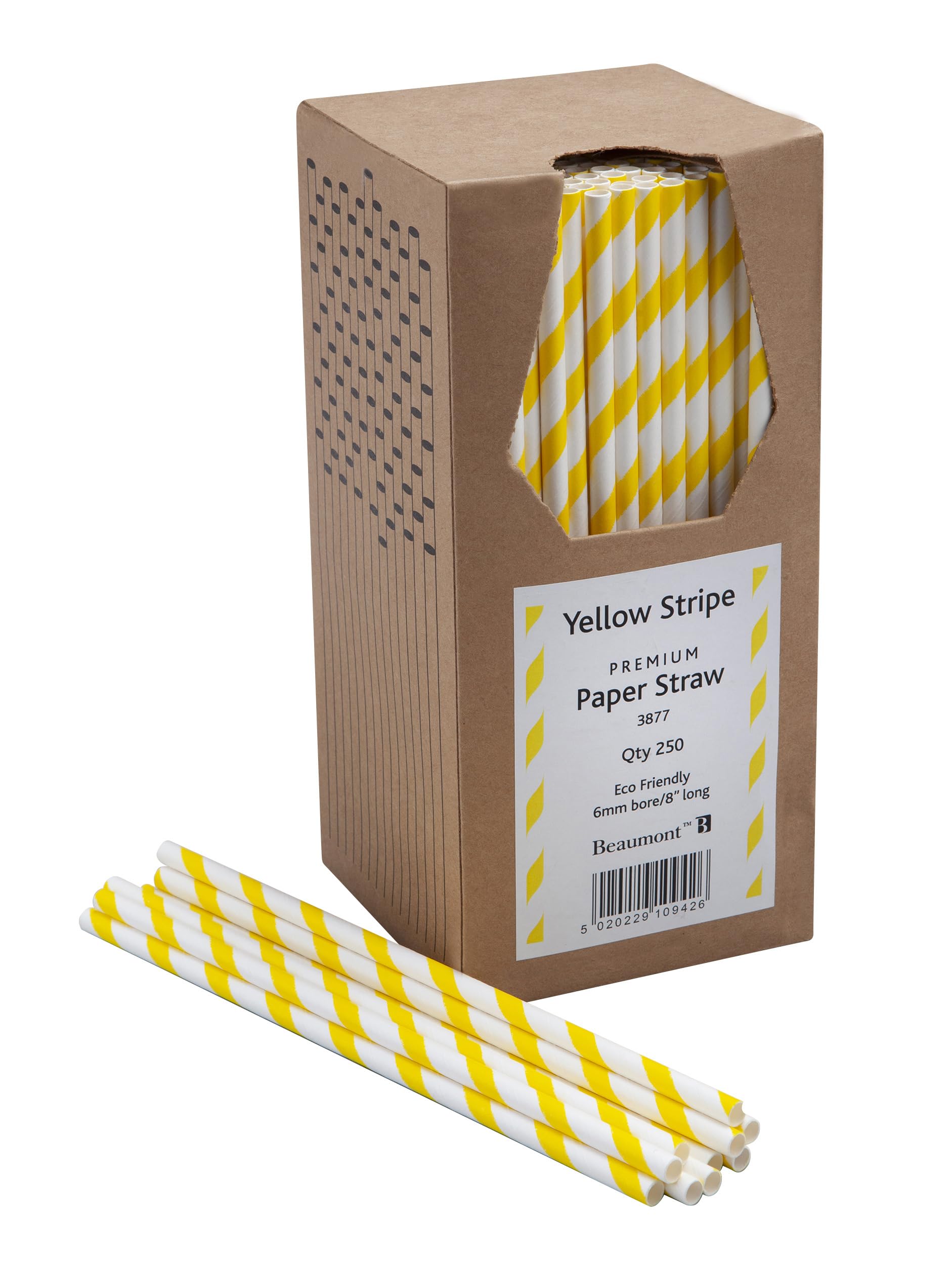 8 Inch 6mm Bore Paper Straw - Yellow & White Striped Pk 250