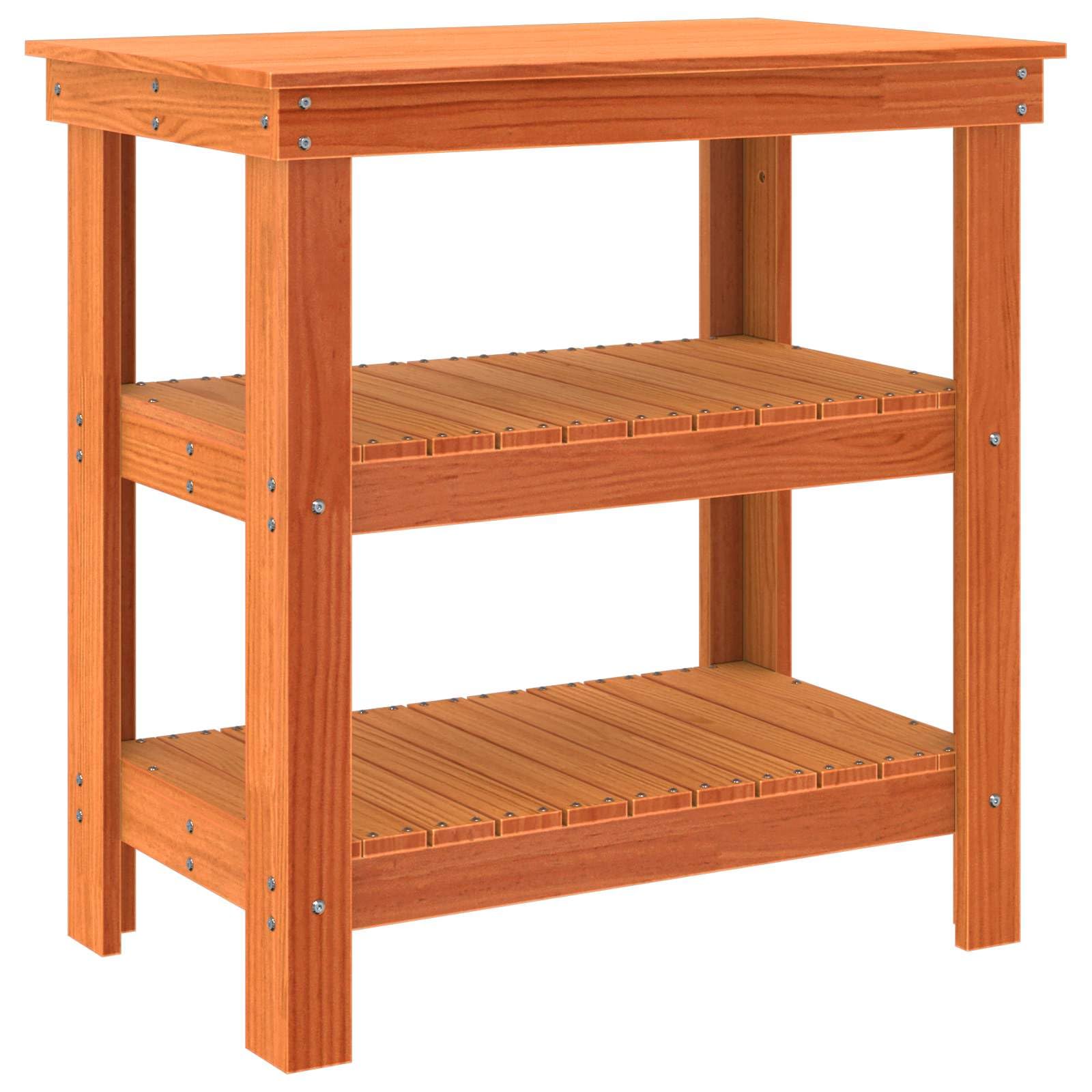 Banco da lavoro marrone cerato in legno di pino massiccio, 78,5 x 50 x 80 cm, con 2 ripiani, tavolo da lavoro ideale per officina, garage, hobby e bricolage, piano di lavoro robusto