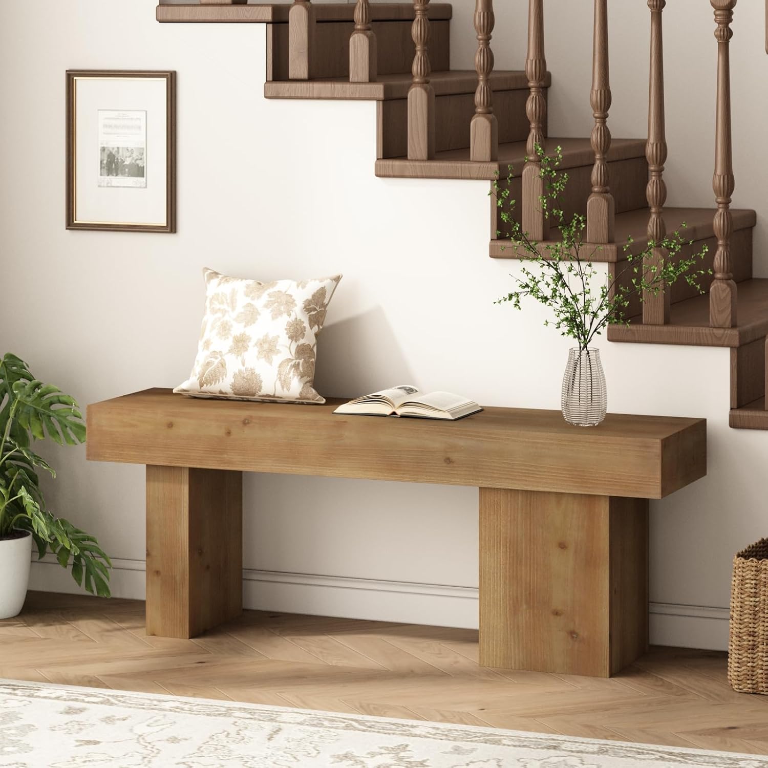 Farmhouse Solid Wood Entryway Bench, 47.3" Rustic End of Bed Bench for Bedroom, Handcrafted Accent Seating for Dining, Kitchen, Hallway, Living Room - 15 Min Assembly