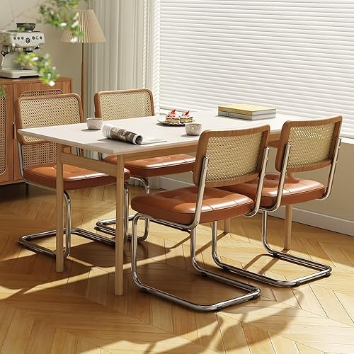 Miniatura 9 de Juego de 2 sillas de comedor de ratán, modernas sillas de comedor con madera maciza para cocina, sala de estar, Breuer de mediados de siglo,
