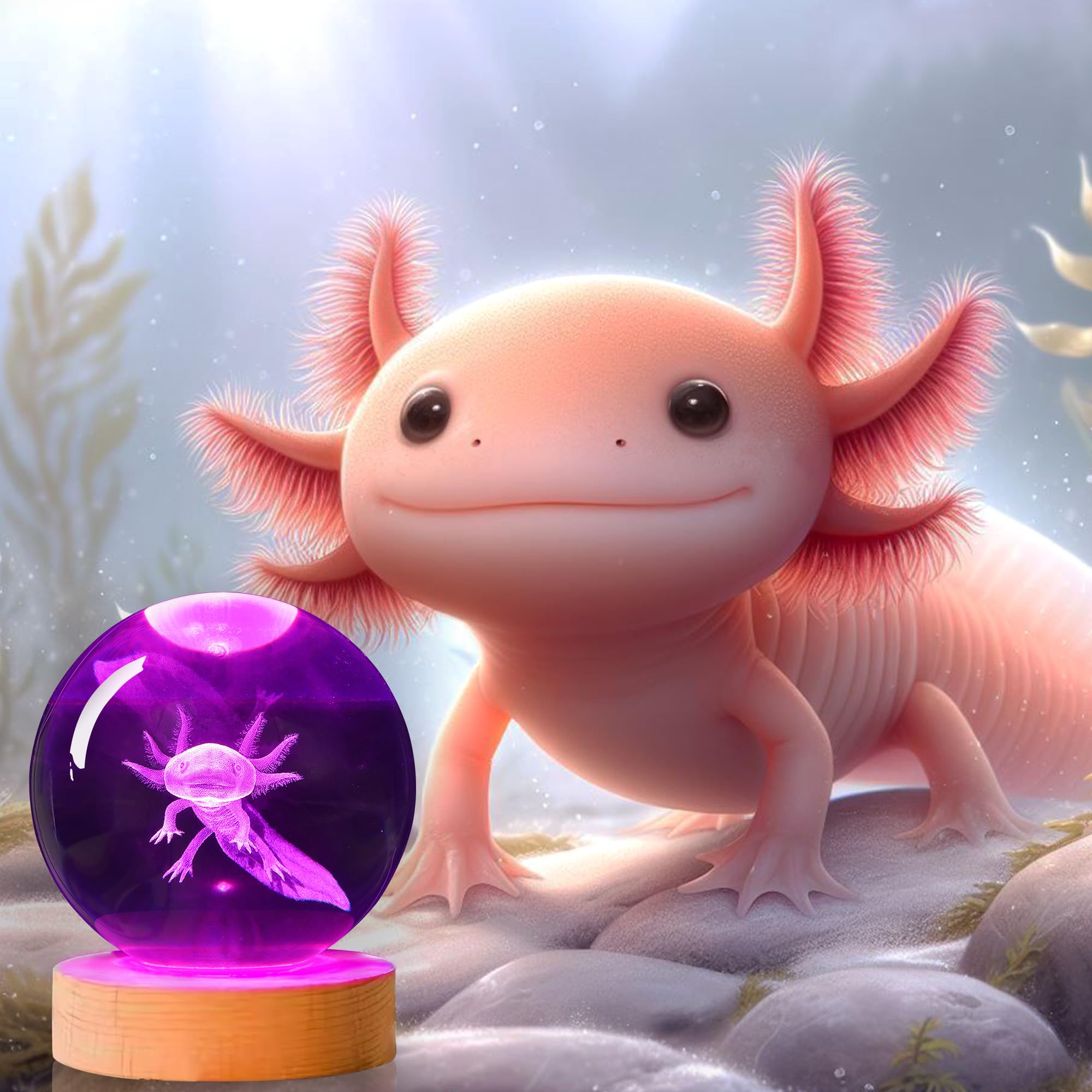 OkiyiD 3D Axolotl Kristallkugel Nachtlicht Mit Fernbedienung, Glaskugellampen für Freund Geburtstag Urlaub, Cool Spielzeug Deko Geschenke für Jungen Mädchen Kinder