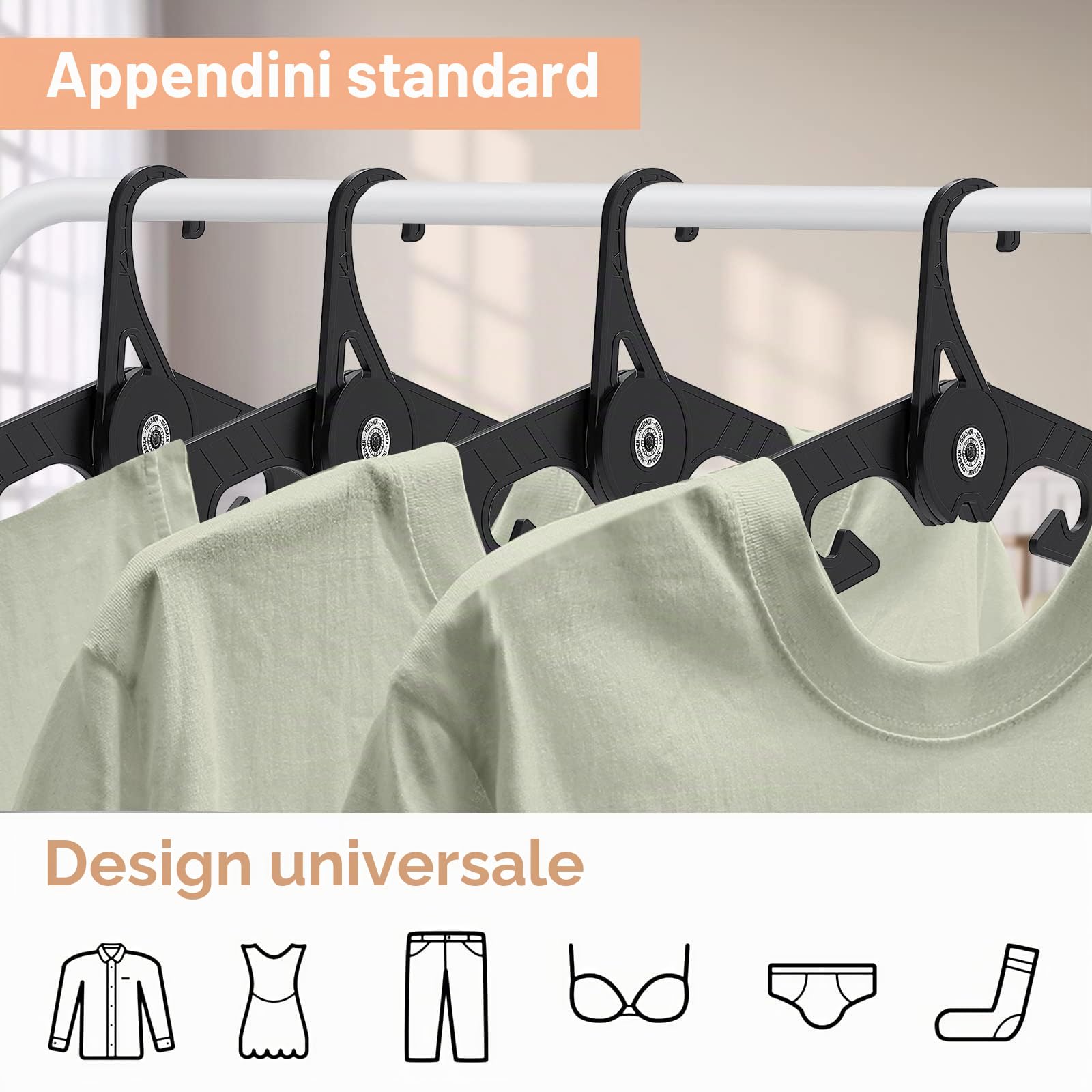 Appendini da Viaggio Premium - Appendiabiti Pieghevoli Portatili da 6 Confezioni - Stendibiancheria Pieghevole Pieghevole Super Resistente con Gancio per Viaggi, Interni ed Esterni (6 Nero)