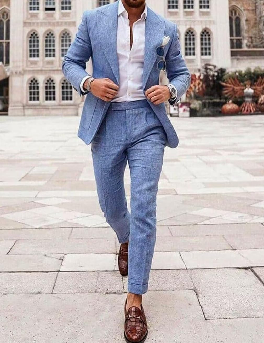 Completo da uomo in lino estivo 2 pezzi blazer pantaloni slim fit con un bottone leggero business abito da sposa