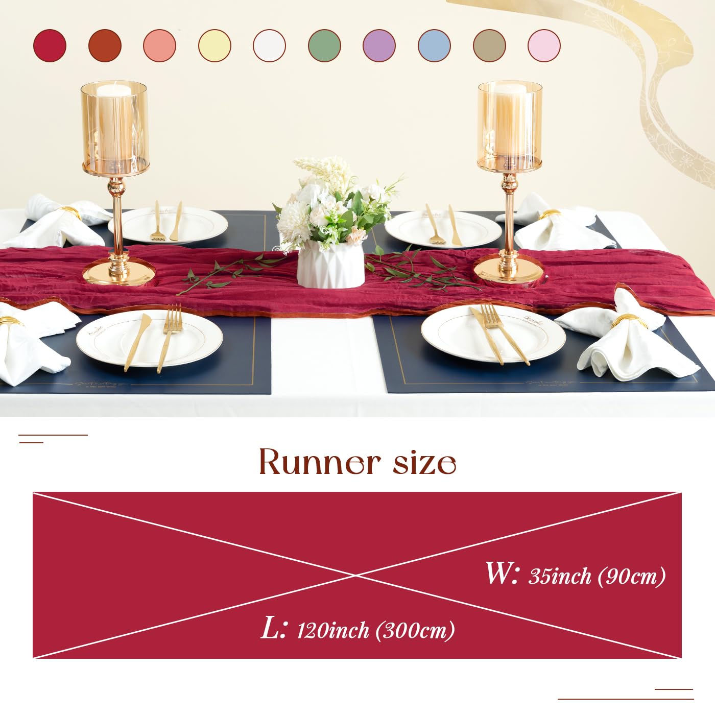 Paquete de 10 caminos de mesa de gasa de 10 pies, estilo bohemio, romántico, camino de mesa para boda, novia, fiesta de otoño, decoración de mesa (borgoña)