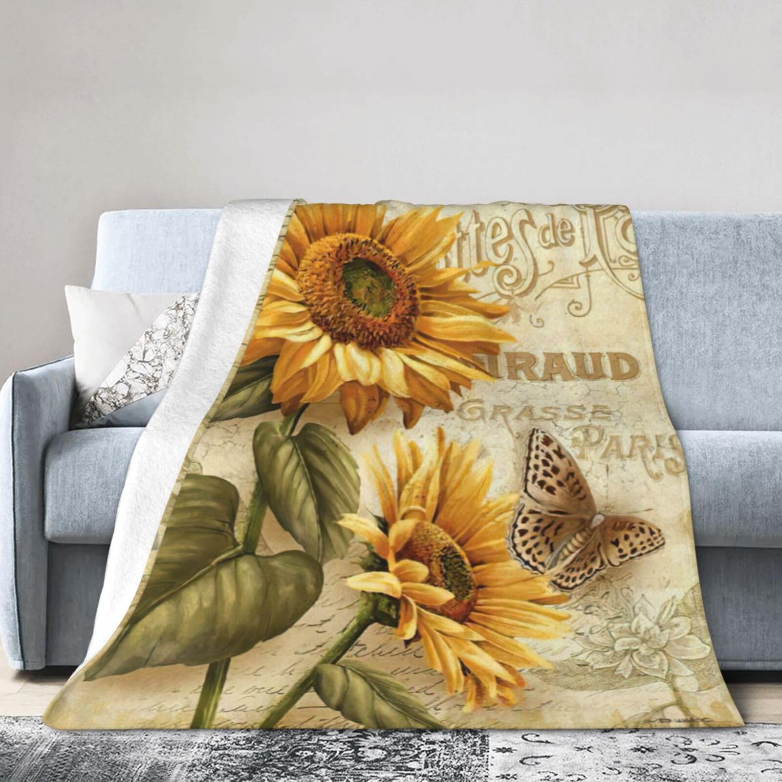 Uusnwaa Soft Cosy Fleece Warm Throw Retro Sunflower Print Blanket