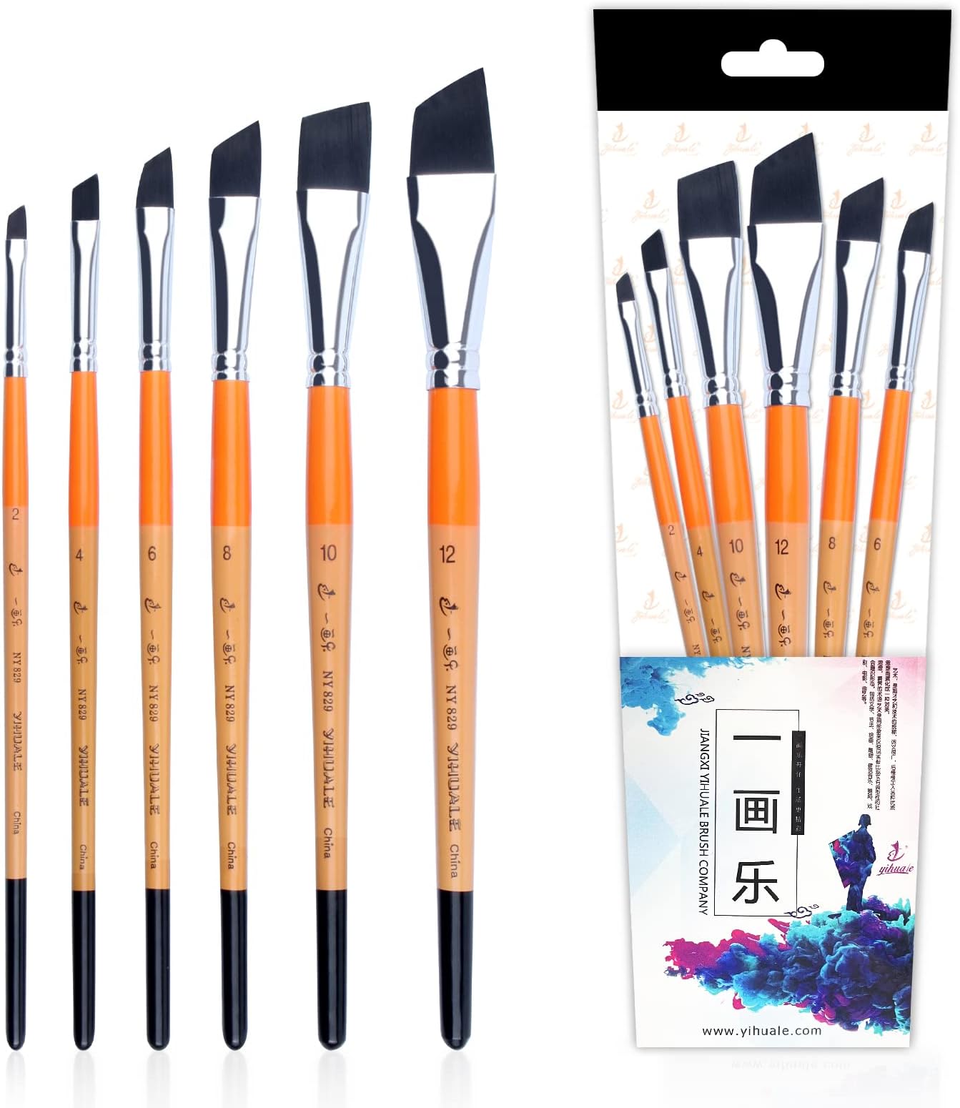 YIHUALEAngular Paint Brushes Nylon Hair Angled Watercolor Pait Brush Set for Acrylics Watercolors Gouache Inks Oil and Tempera (6pcs Angled Paintbrush Set)