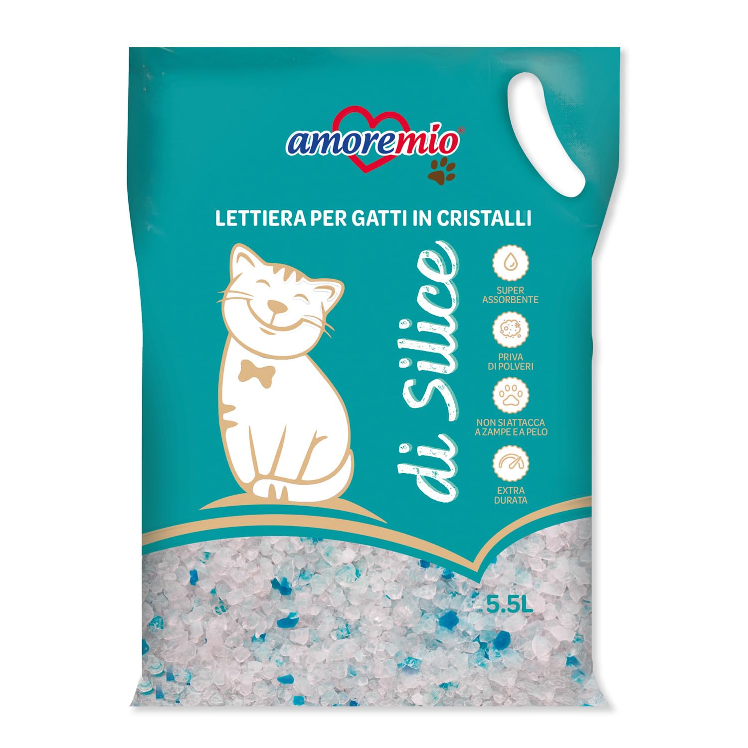 Amore Mio - 33 Litri - Lettiera Gatto - Sabbia in Cristalli di Silicio - ad Alto Assorbimento e Veloce da Pulire, 5,5 Lt (6 Confezioni)