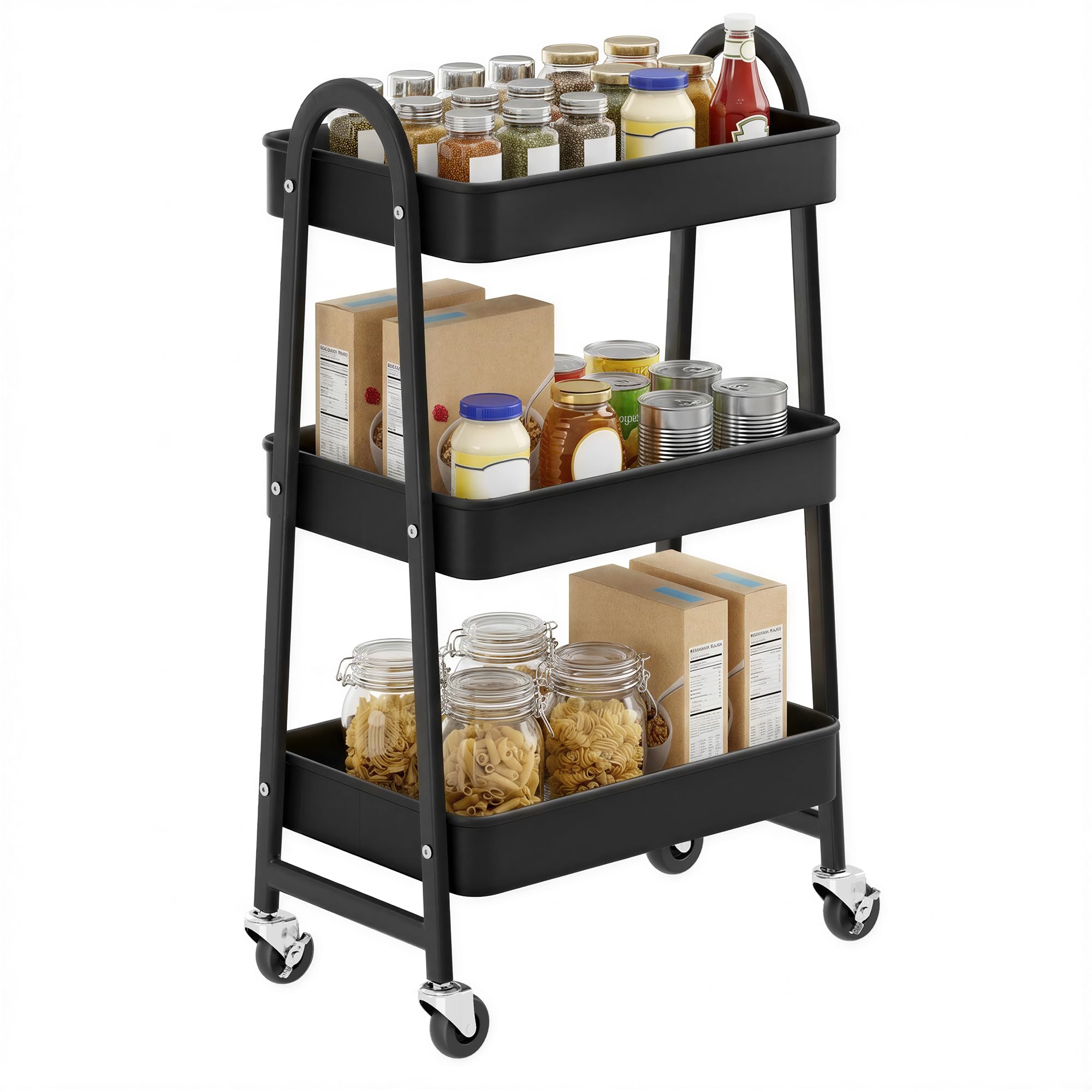 SONGMICS Rollwagen mit 3 Ebenen, Servierwagen aus Metall, Küchenwagen, Küchenregal mit Griffen, 2 Bremsen, einfacher Aufbau, für Malutensilien, Schlafzimmer, Waschküche, schwarz BSC068B01