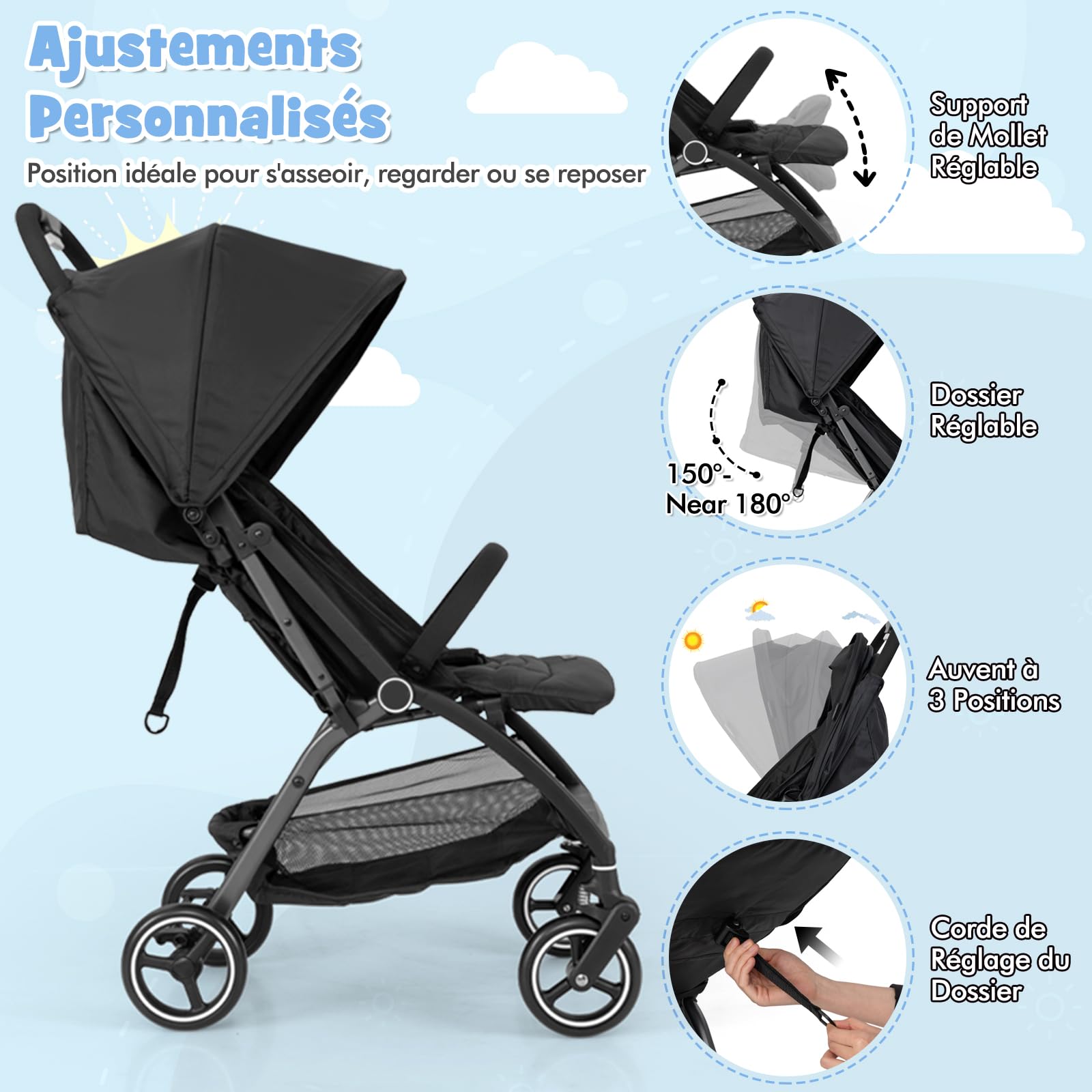 DREAMADE Poussette Canne, Légère 6,2 KG, 0-36 Mois, Poussette Ultra Compact Bébé Pliable à Une Main (Noir)
