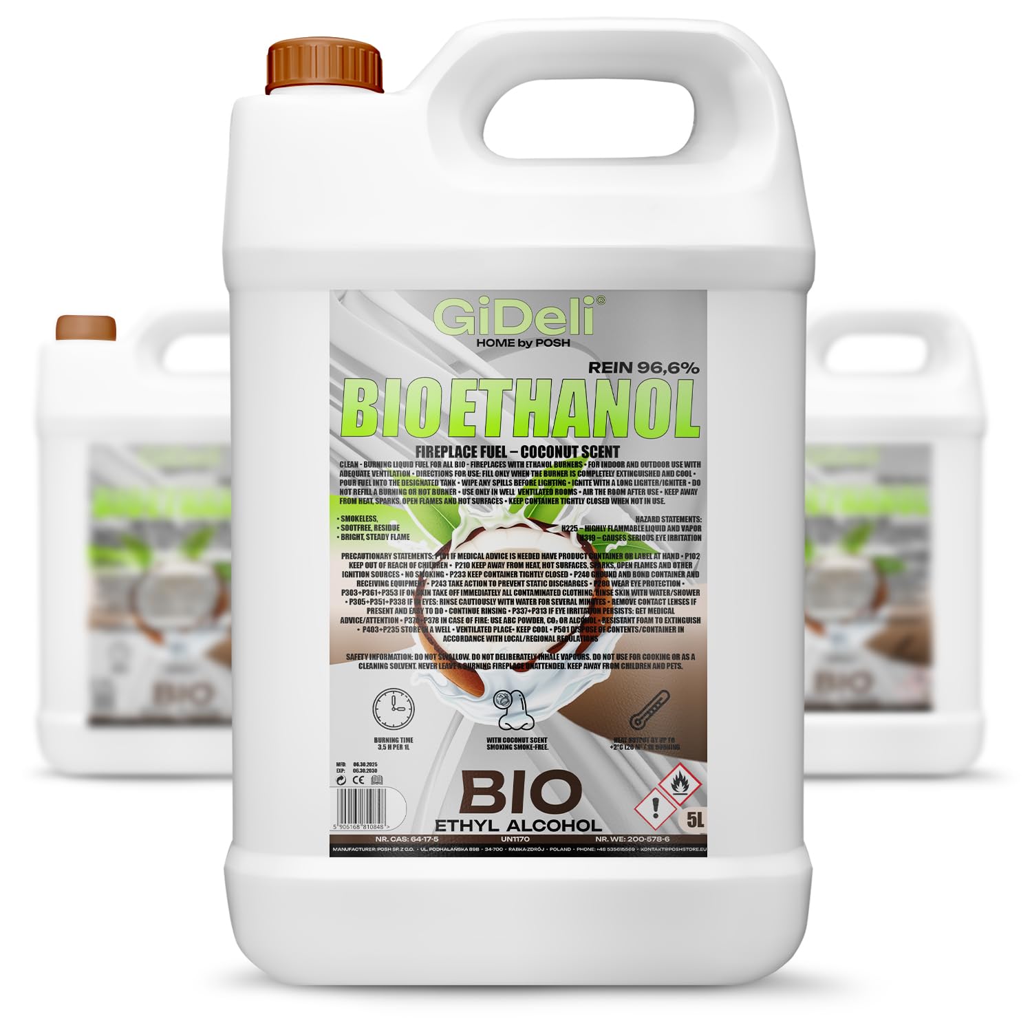 GiDeli Bioetanolo 3 x 5 l profumo di cocco 96,6% etanolo per camini interni ed esterni, senza fumo e fuliggine, da mais e barbabietola da zucchero