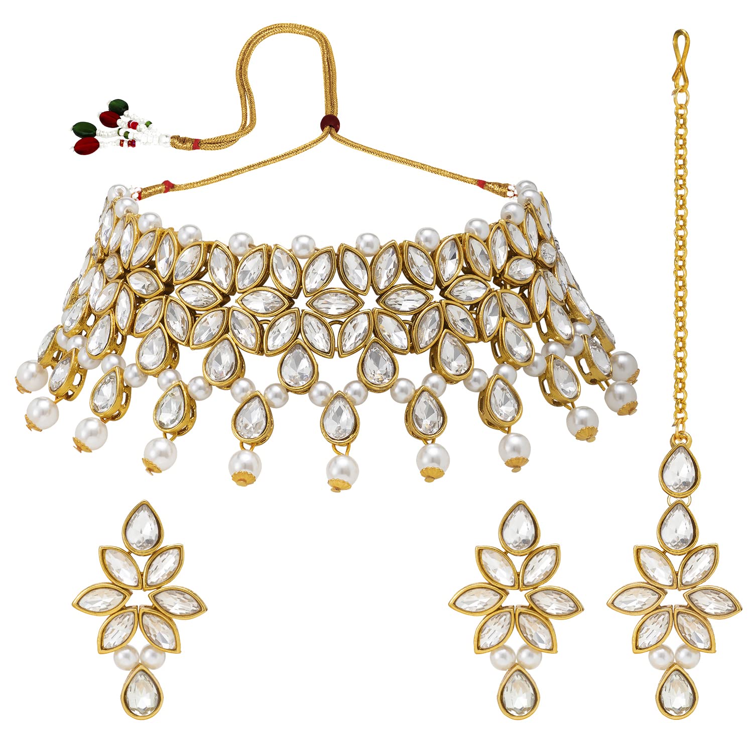 Peora Gold Plated White Crystal Necklace Earring Maang Tikka Traditional Jewellery Set for Women (B09GRRM7VC) Amazon Price History, Amazon Price Tracker