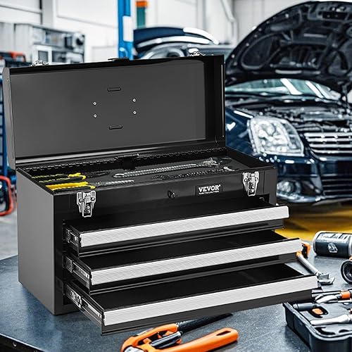 Miniatura 8 de VEVOR Caja de herramientas de metal, 20.5 pulgadas, caja de herramientas de metal portátil con 3 cajones, pequeña caja de herramientas con forro
