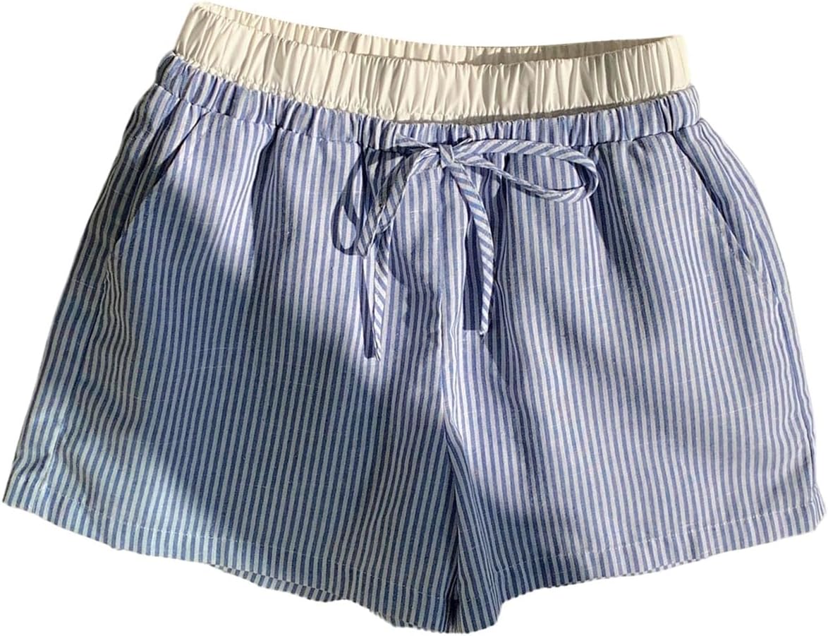Girl's Striped Mini Shorts Bowknot Elastic Waist Wide Leg Summer Shorts with Pocket