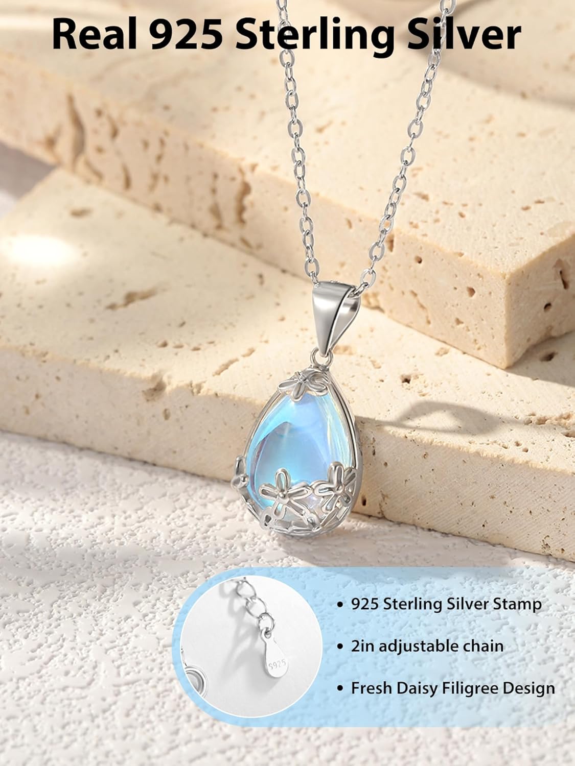 925 Sterling Silver Moonstone Necklace for women, Moon Stone Daisy Filigree Pendant Necklaces With an Elegant Card,Moonstone Jewelry Gift for Women - Image 2