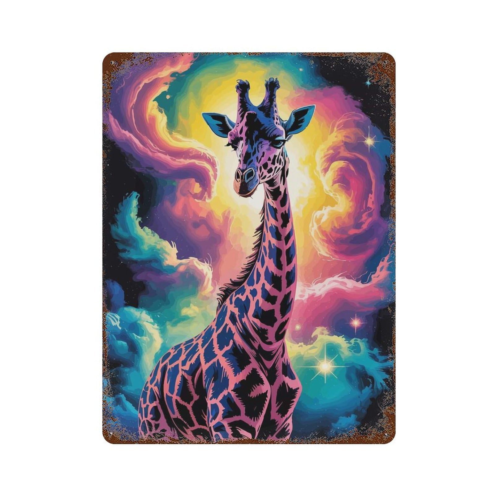 Aged Metal Wall Plaque with Colorful Giraffe in Cosmic Background Design 15.7"x11.8", for Farmhouse, Kitchen And Entryway Decor, Retro Wall Decor
