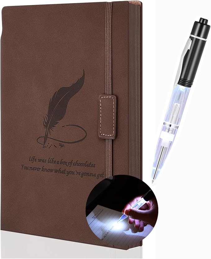 Diary Notebook with Lighted Pen A5 PU Leather Journal Notebooks Lined Journal 266 Pages 100 Gsm Thick Paper Hardcover Notebook Personal Planner for Work Travel - Brown