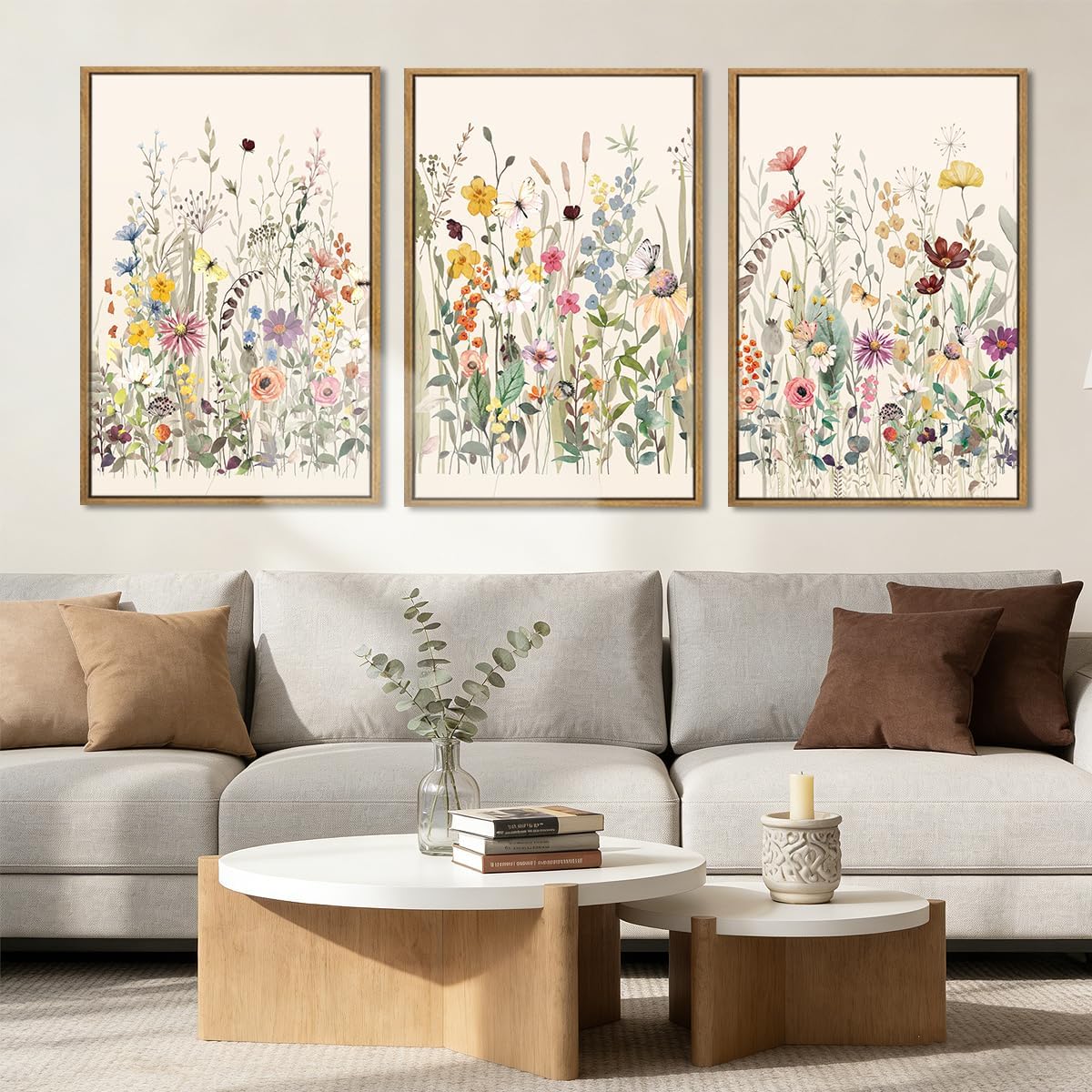 BINCUE Wildflower Wall Art Large Floral Wall Painting Neutral Print Pictures Decor Flower Artwork 36x24 Inches Framed Wildflowers Paintings Flower Wall Decor for Living Room Bedroom Bathroom Farmhouse Set of 3 24"L x 16"W Wildflowers