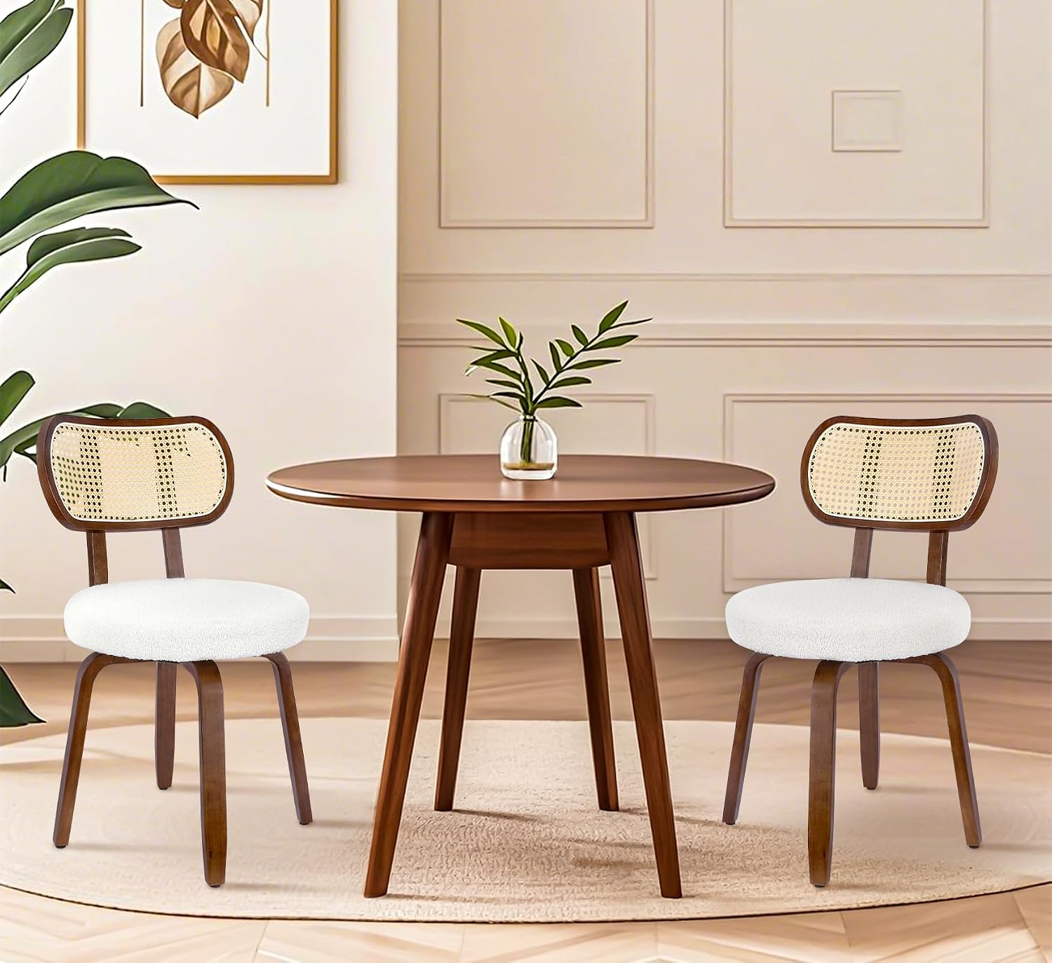 ZYBT Rattan Dining Chairs Set of 2, Swivel Mid Century Modern Wooden Chair, White Makeup Vanity Chair, Upholstered Chairs for Kitchen, Dining Room, Living Room, Bedroom
