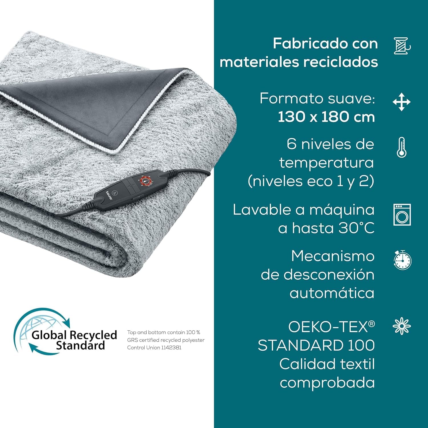 Beurer HD 75 Nordic Grey Manta eléctrica, Parte Superior/Inferior de Material Reciclado, Suave y acogedora, 6 ajustes de Temperatura, Lavable a máquina, 180 x 130 cm
