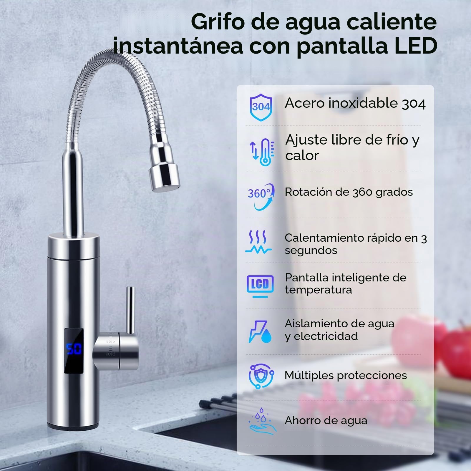 Grifo con calentador de agua instantáneo, grifo de 360°, 3000 W, grifo de acero inoxidable con indicador de temperatura LCD para cocina, jardín y caravana (A)