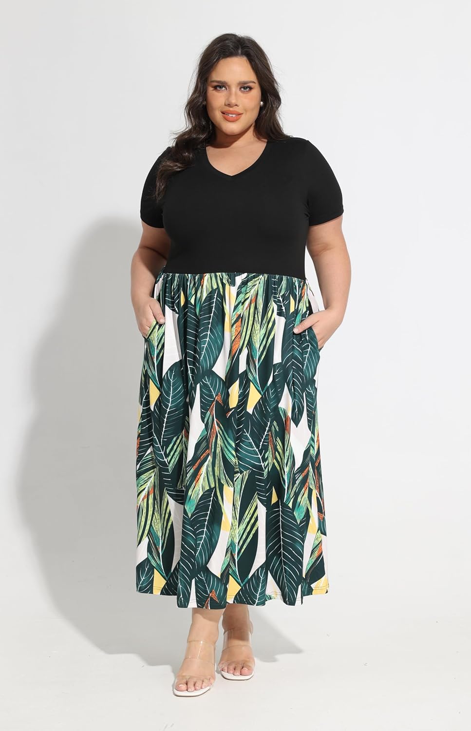 RITERA Plus Size Dresses for Curvy Women Short Sleeve Summer Dress V Neck High Waisted Womens Patchwork Casual Dress XL-5XL - Image 4