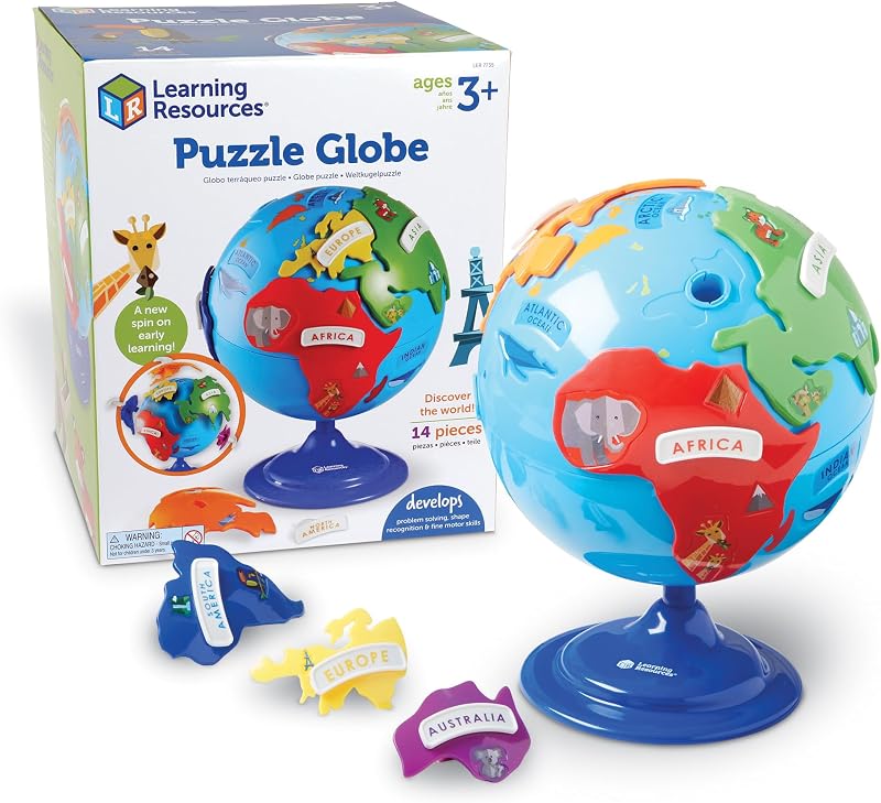 Learning Resources Puzzle Globe – Juguetes Earth Montessori, imprescindibles para el aula preescolar, rompecabezas STEM World, juegos educativos de geografía, habilidades motoras finas, regalos para niños y niñas