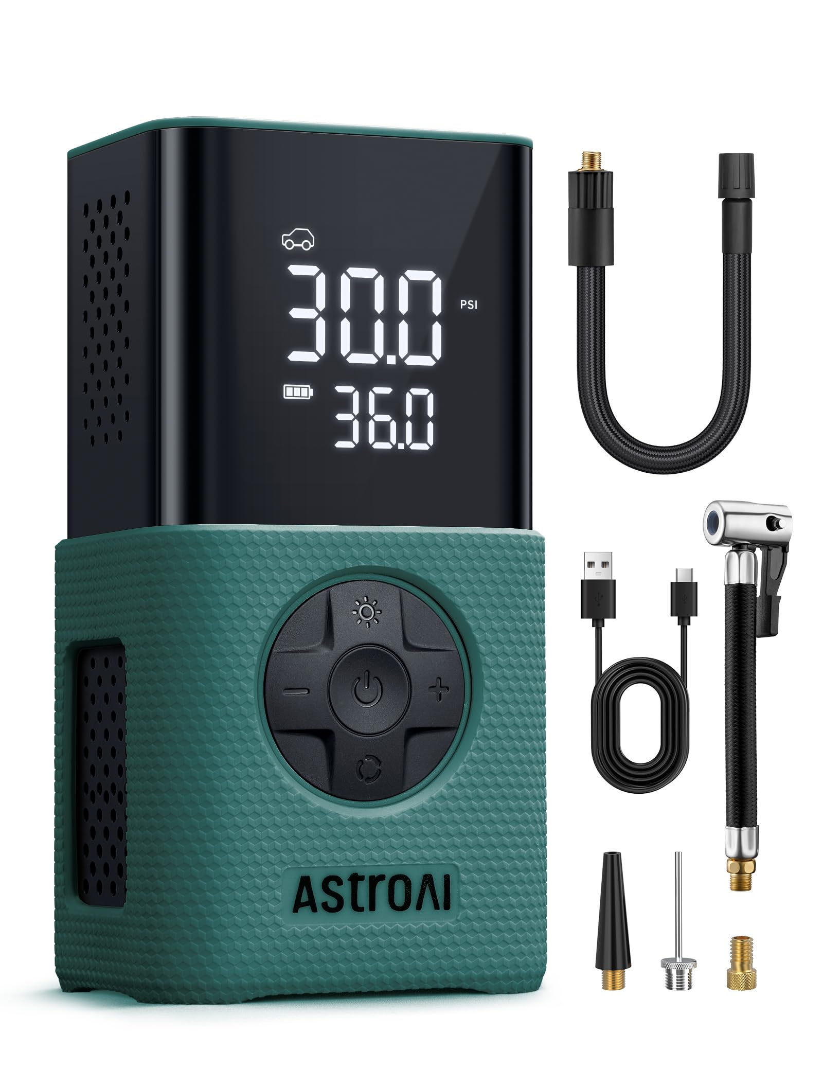 AstroAI Kabelloser Elektrische Luftpumpe, Tragbare Akku Fahrradpumpe mit alle ventile, LED-Licht, Wiederaufladbare Reifenpumpe für Fahrrad, E-Bike, Auto, Motorrad, Bälle, Grün