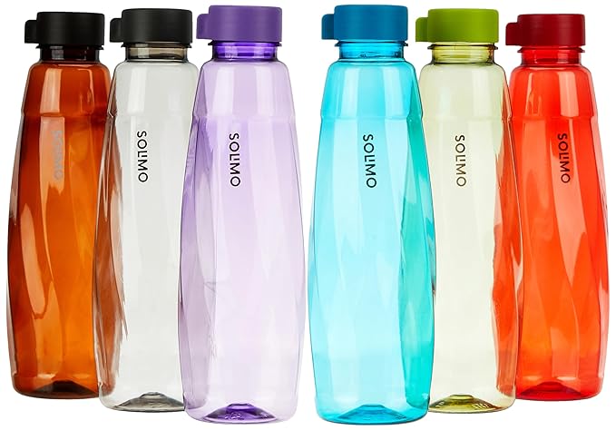 Solimo Set of 6 Water Bottles - 1 Ltr | Break Proof | Freezer Safe | BPA Free | Leak Proof | Multicolor, Plastic