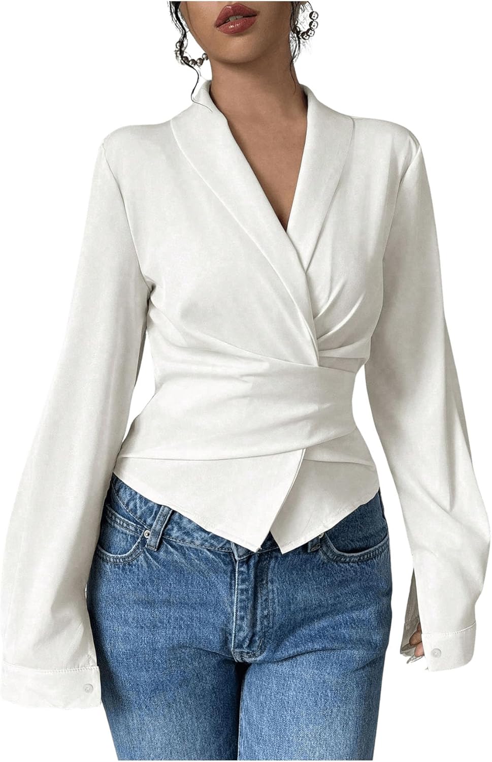Floerns Women's Elegant Shawl Collar Shirts Long Sleeve Wrap Tie Back Work Blouse Tops