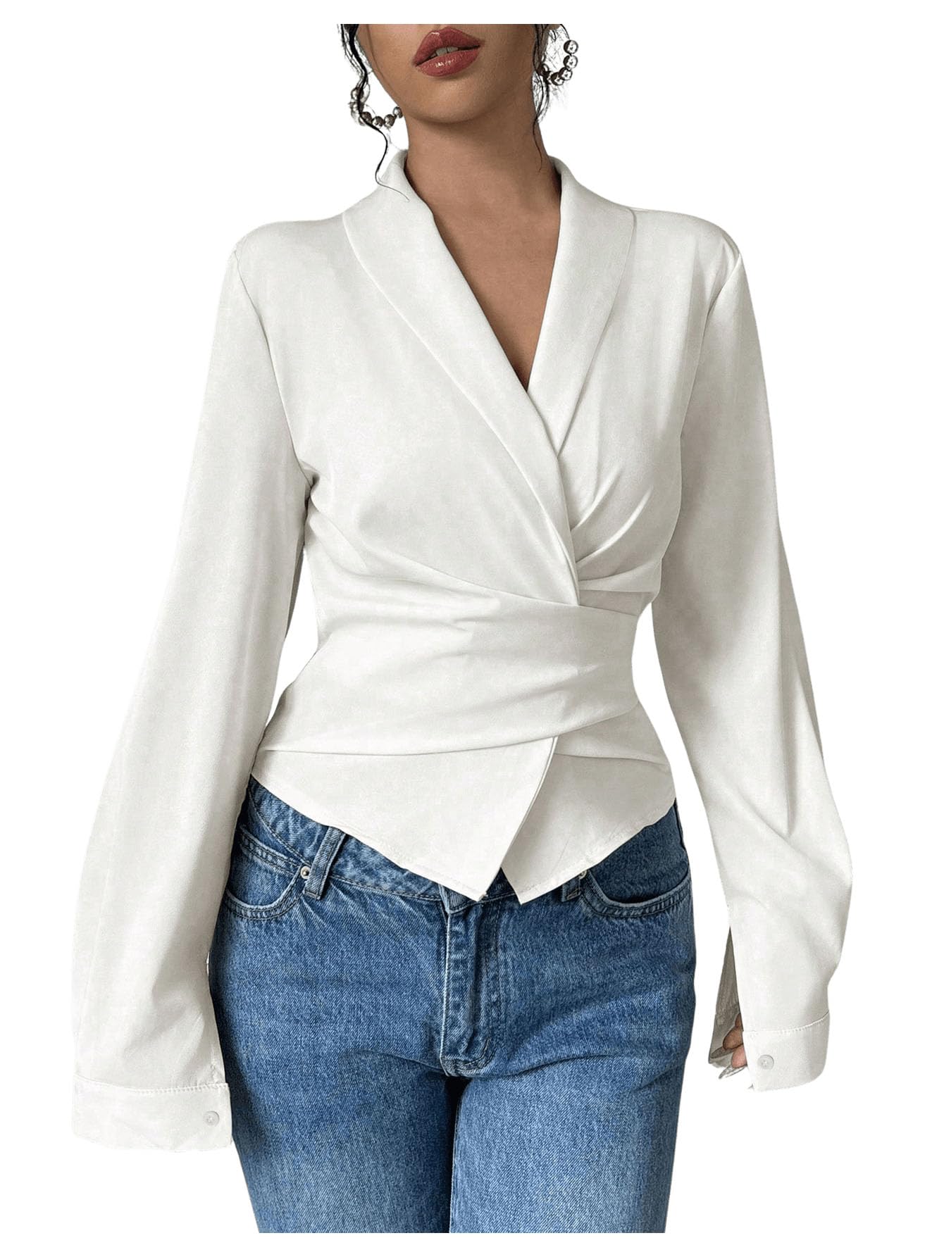 Floerns Women's Elegant Shawl Collar Shirts Long Sleeve Wrap Tie Back Work Blouse Tops