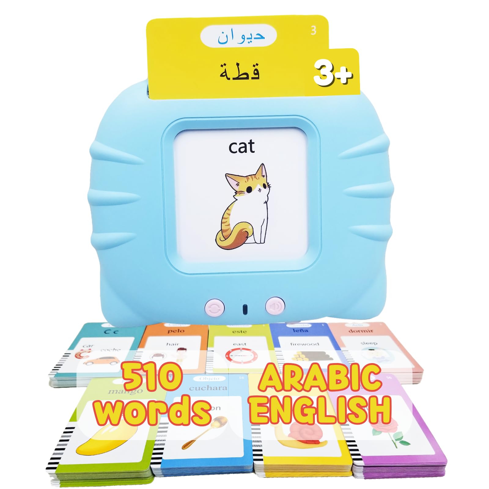 ZEENKIND Arabic & English Talking Flash Cards with 510 Sight Words for Toddlers 2 3 4 5 6 Years Old, Learn Arabic for Kids, Audible Pocket Speech Early Learning Bilingual Flashcard Toys, 255 Cards