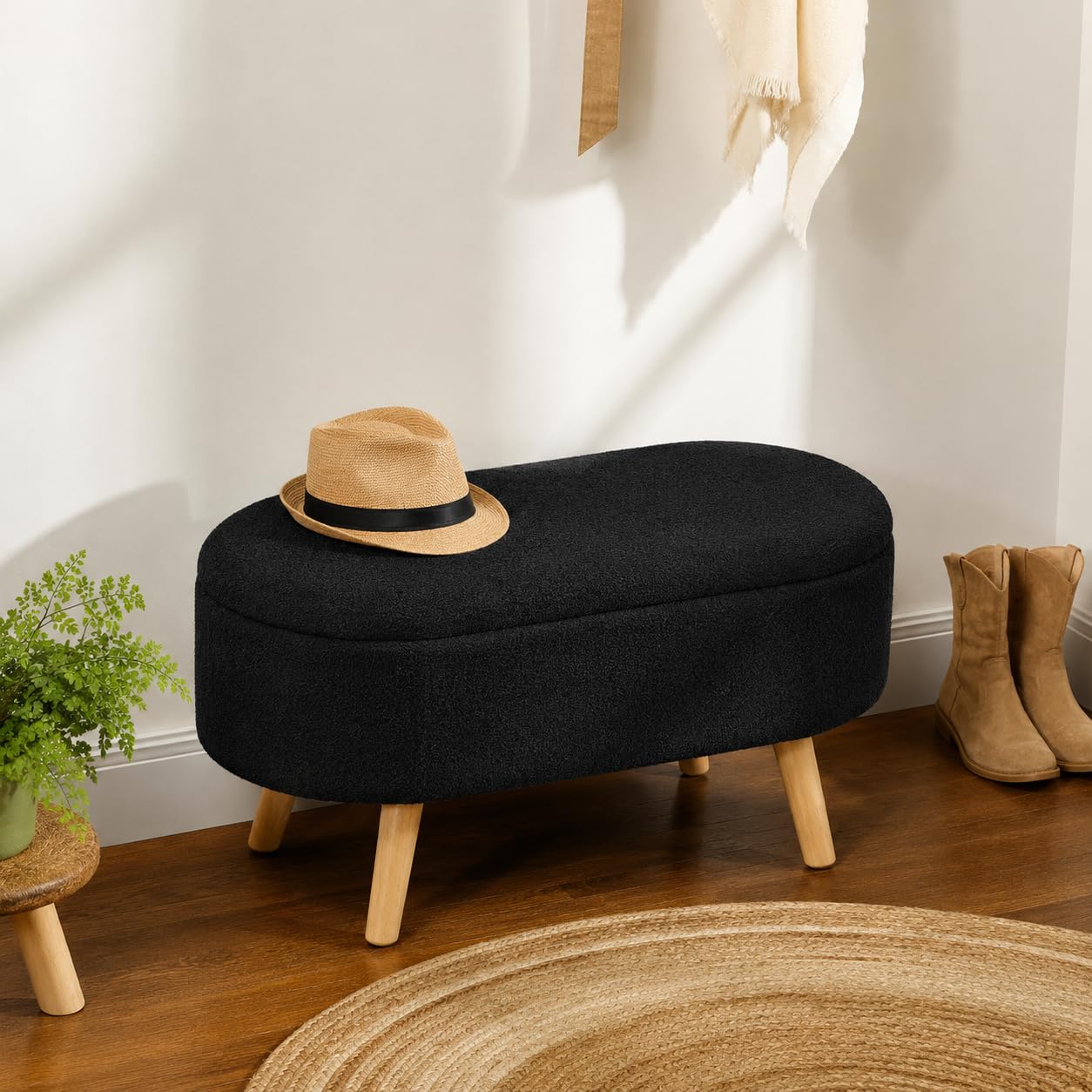 Upholstered Ottoman Bench with Storage, Boucle Fabric, 39 Litre Hidden Storage, Heavy Duty 120 Kg Load Capacity, Multipurpose Seating for Living Room & Bedroom, Black-image-22
