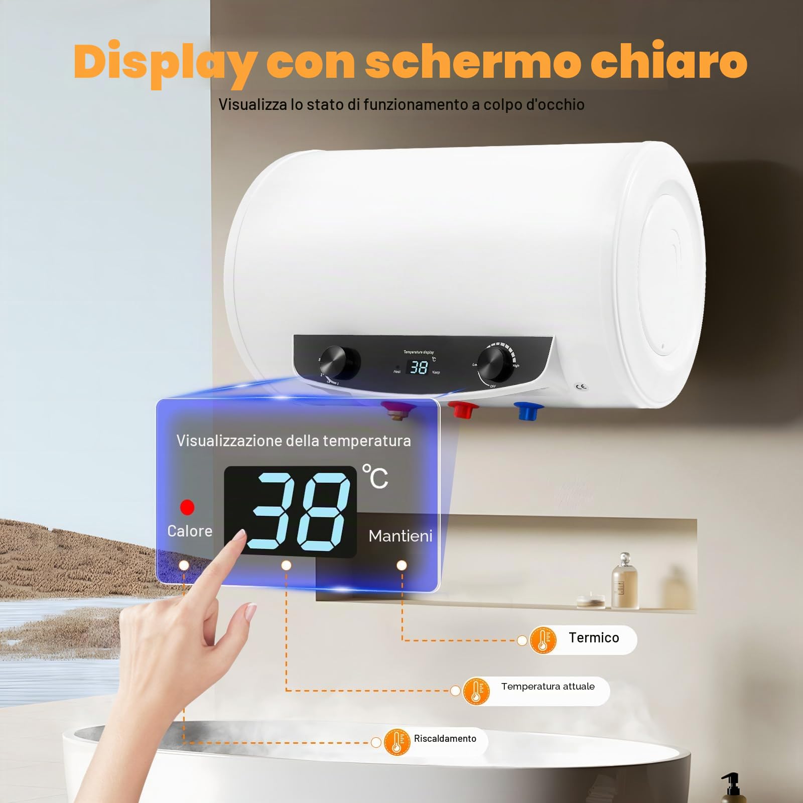 Scaldacqua da 50 l, con soffione doccia e tubo doccia, scaldacqua istantaneo, con indicatore LED, 220 V, 2000 W, elettrico istantaneo per la doccia in bagno