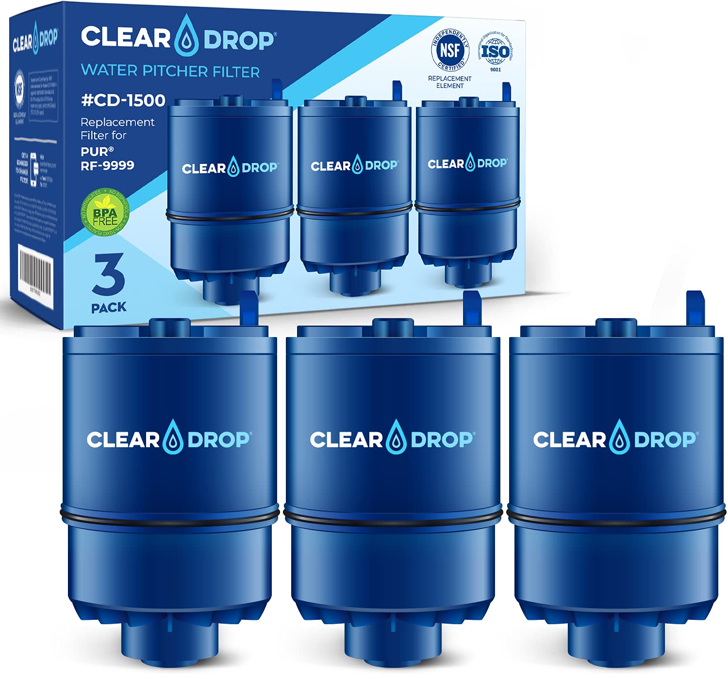 Clear Drop RF9999 Filter Replacement for Pur RF9999 Water Faucet Filters. Compatible with Pur Faucet Model FM-2500V, FM-3700, PFM150W, PFM350V, PFM400H, PFM450S (3 Pack)