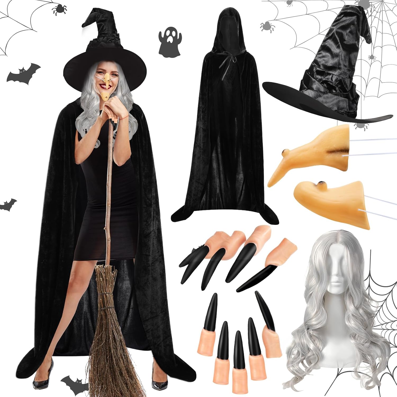 Amazon.com: Toulite 6 Pcs Halloween Witch Costume Set Ruched Witch Hat ...