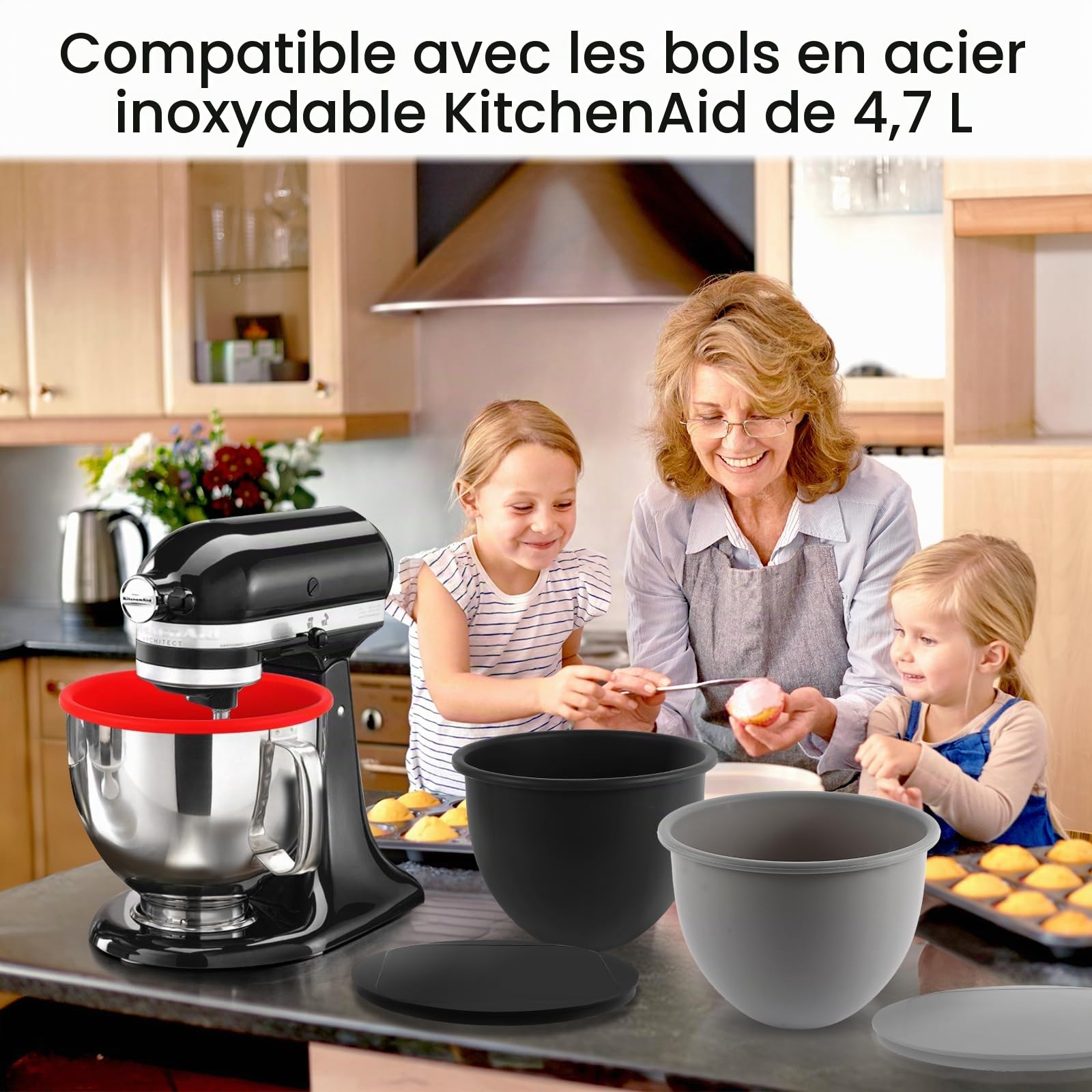 Accessoires pour bols mélangeurs en silicone compatibles avec KitchenAid 4,8 L les mixeurs, comprenant 3 bols et couvercles, lavables au lave-vaisselle