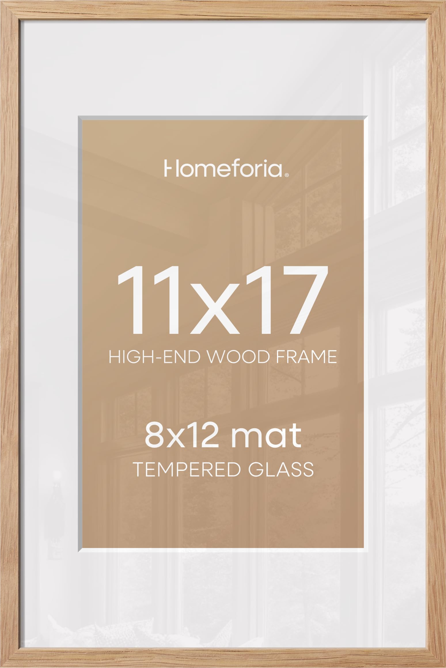 Homeforia 11x17 Natural Oak Picture Frame, High-End Wood, 8x12 Mat, Glass | High End Solid Oak Wood, Tempered Glass, Acid-Free 8x12 Removable Mat, 11x17 Edge-to-Edge Display 17x11, Wall Kit, Set Of 1