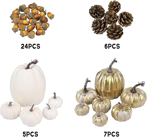 Miniatura 6 de 12 calabazas artificiales a granel, calabazas falsas de oro blanco con bellotas, piñas para Halloween, mesa de Acción de Gracias, cosecha,