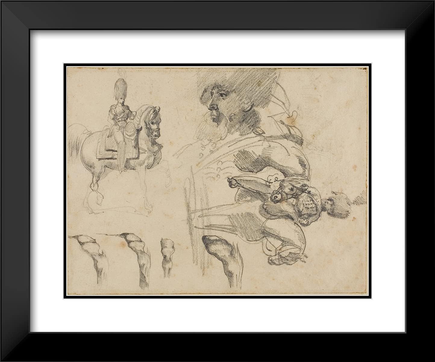 ArtDirect Theodore Gericault 24x20 Black Modern Framed and Double Matted Art Print Titled Sketches of Horses, Soldiers, and Hooves