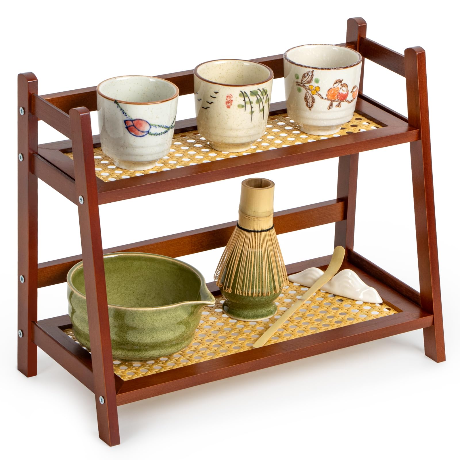 ANBOXIT Rattan-Look Coffee Station Organizer, Countertop Bamboo Tea & Matcha Accessories Station Organizer, 2 Tier Mug Holder Display Stand for Kitchen, Home, Office - Brown