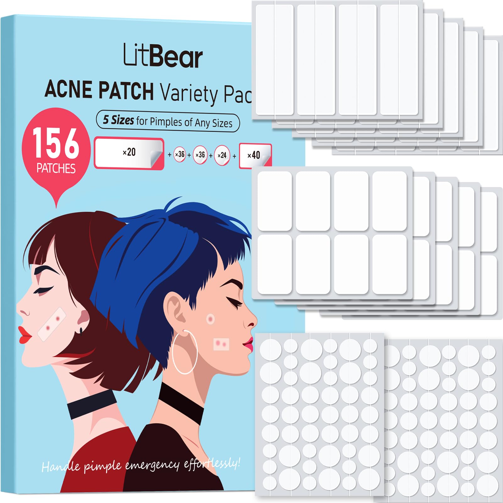 LitBear Large Pimple Patches, 5 Sizes 156 Patches Big Acne Patch, 60 XL Hydrocolloid Patch for Full Face, Forehead, Chin, Nose, Body, Back, Neck & Chest, Stirp, Square Large Hydrocolloid Bandages