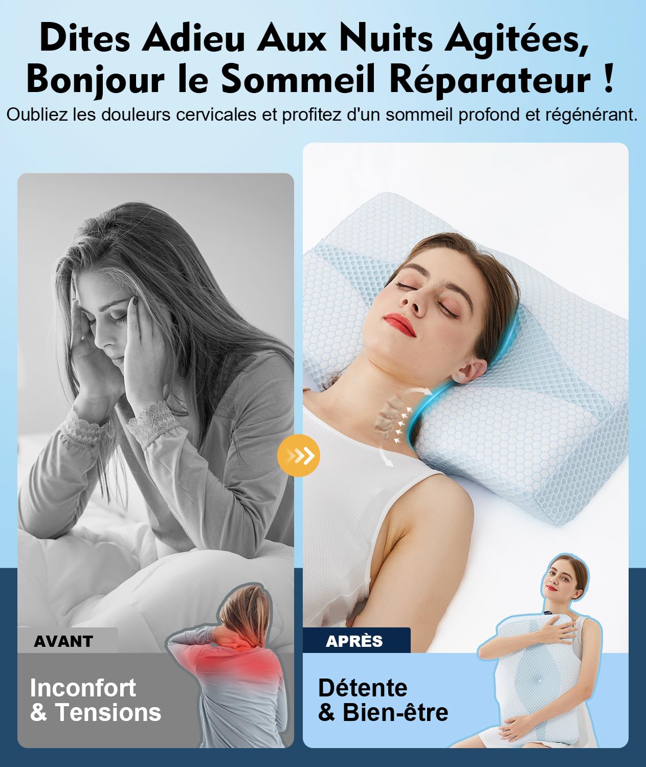 Oreiller Cervical Ergonomique Orthopédique Mémoire de Forme – Douleurs Cervicales & Nuque Sensible – Bi-Hauteur Intégrée – Côté/Dos/Ventre – Housse Rafraîchissante Amovible & Lavable, Bleu